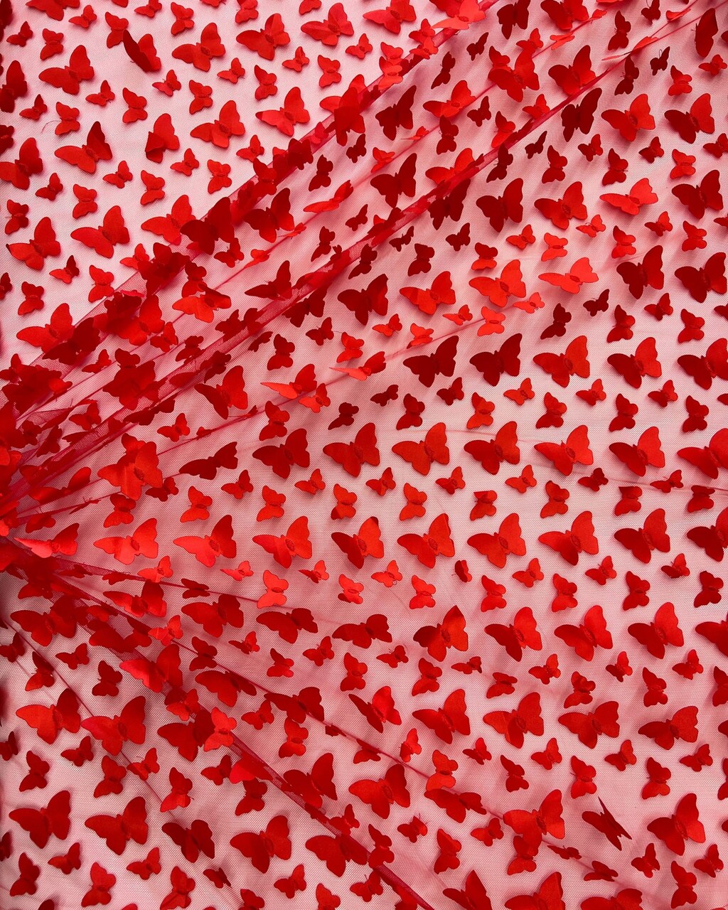 Red 3D Butterfly Nylon Tulle Fabric by the Yard, 63" Wide Soft Stretch Mesh Fabric for Veils, Wedding Dresses, Decor & Sewing